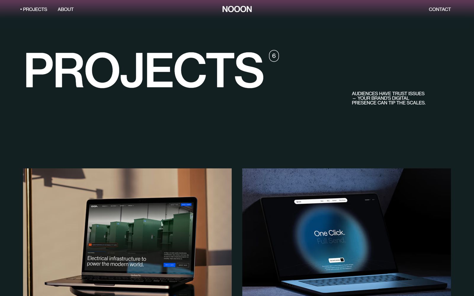 Dark-themed webpage with bold white text "PROJECTS" and a navigation bar. Two laptop images showcase tech-related website designs.