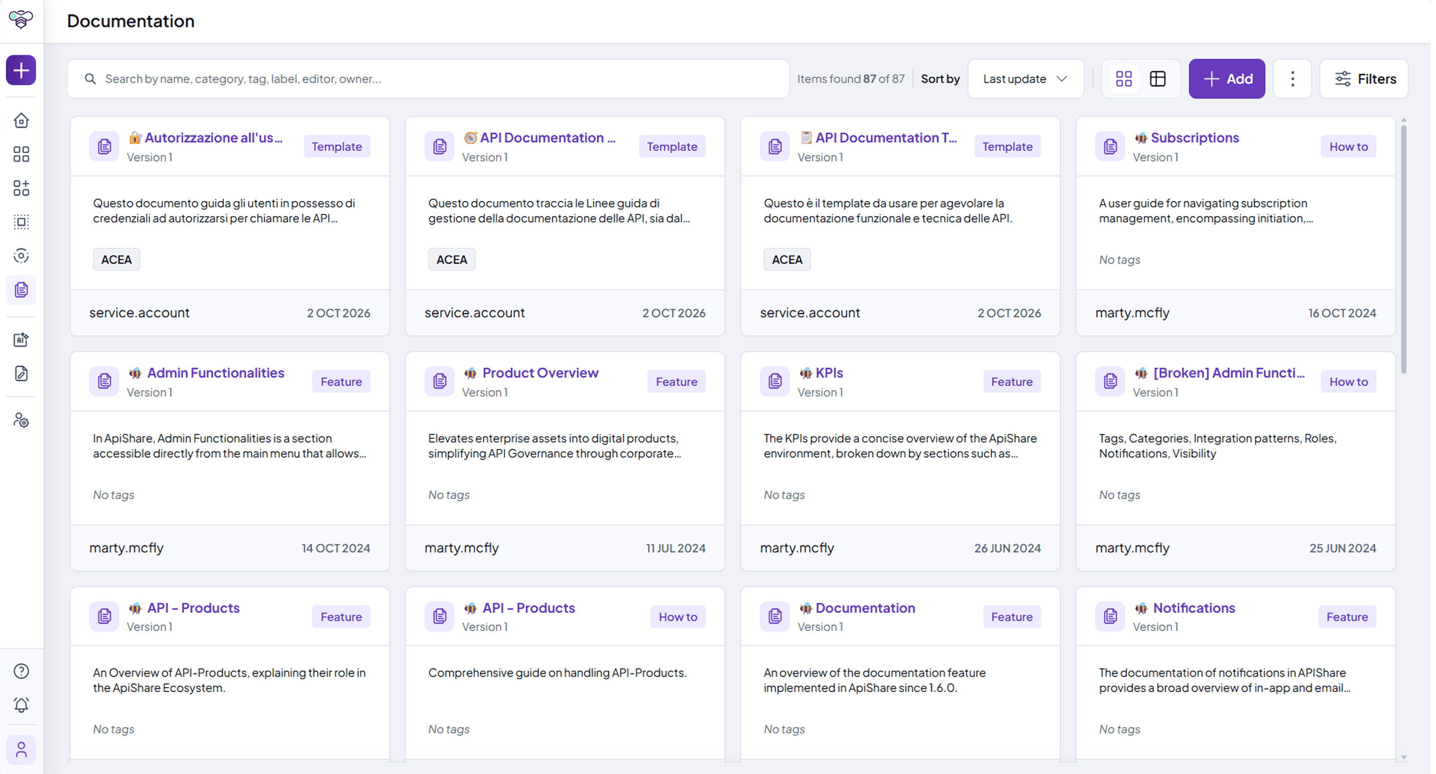 Documentation section listing documentation pages with their templates, features and how-to guides
