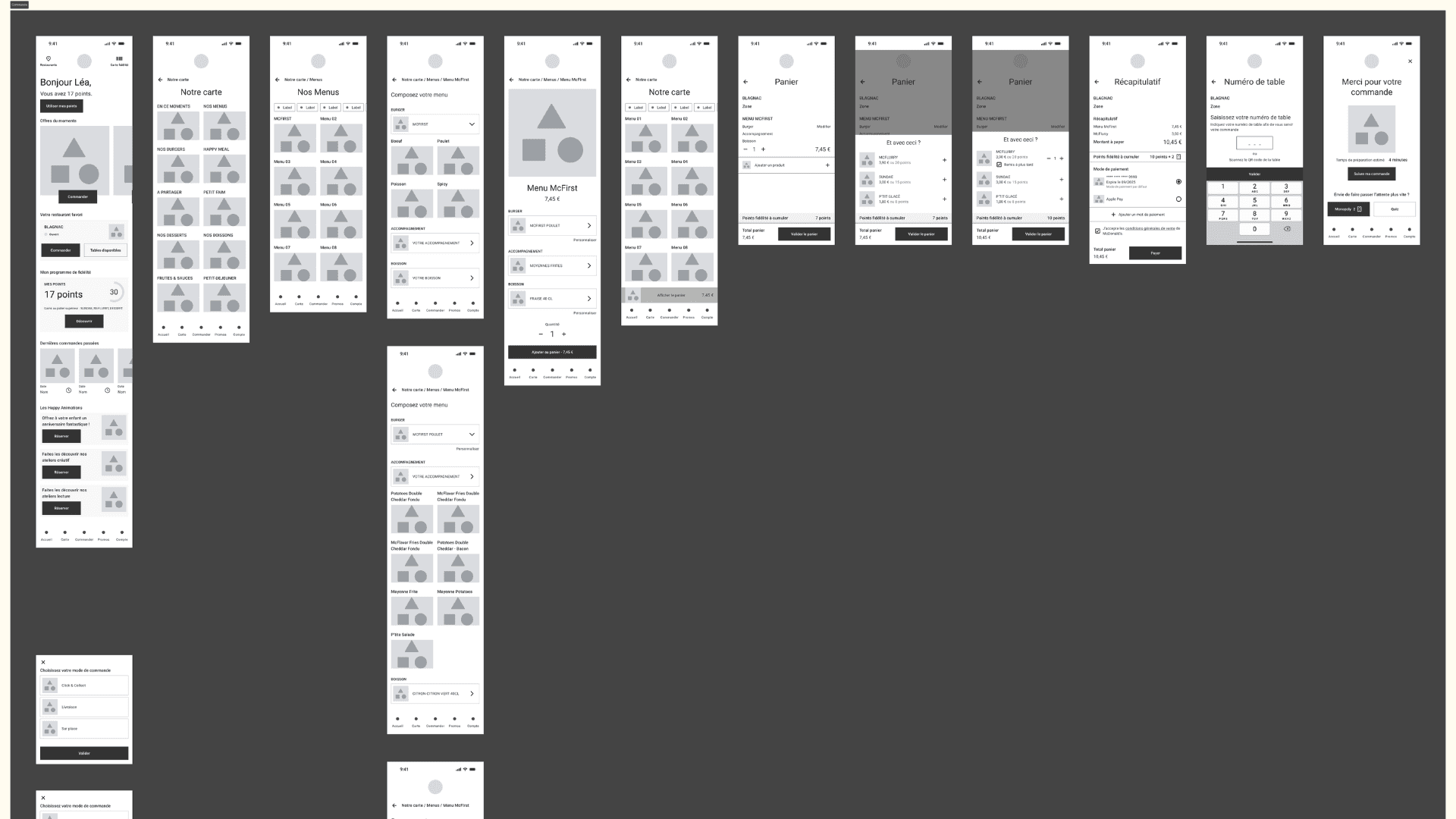 Screenshots of mobile wireframes created on Figma.