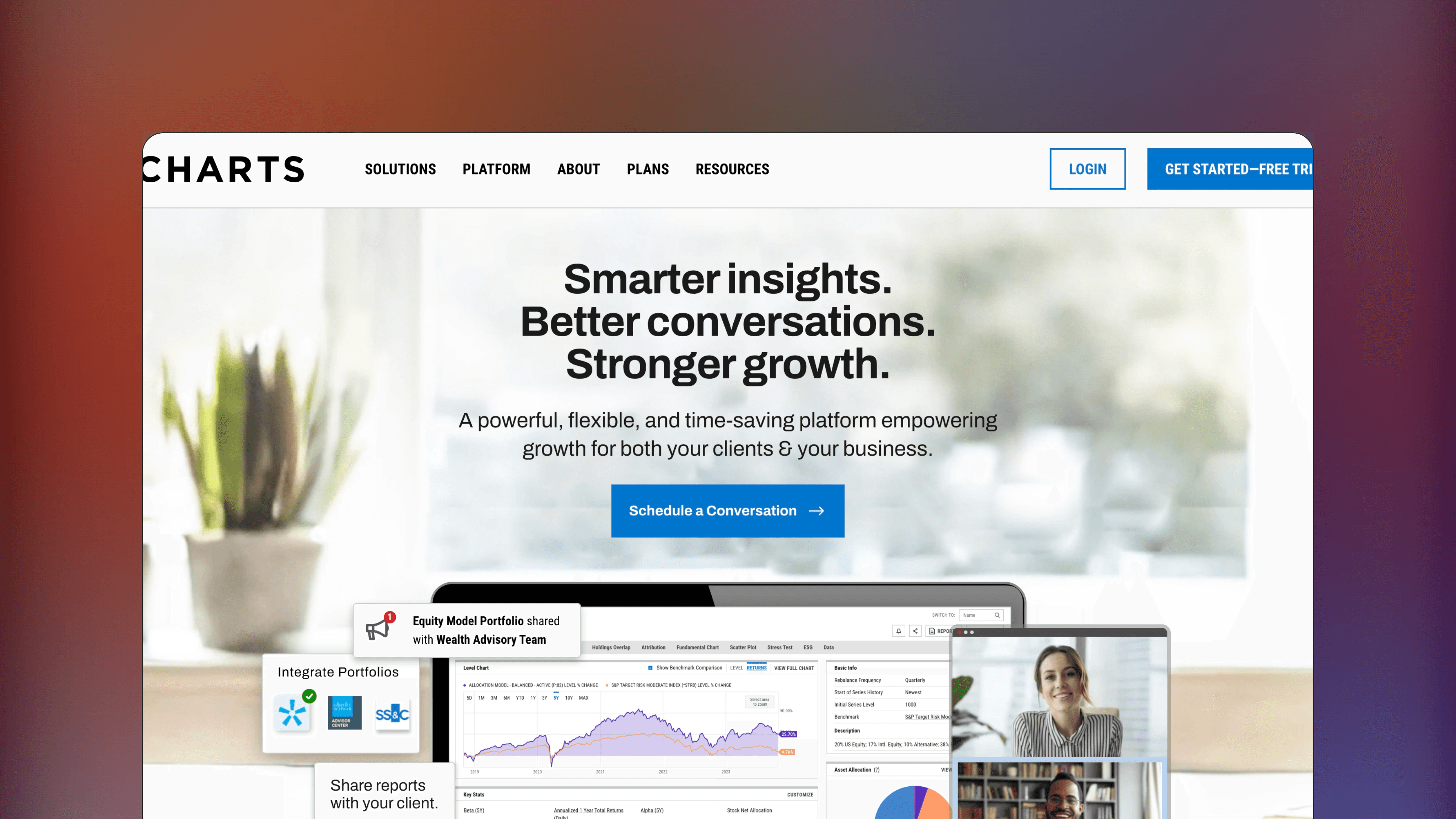 Website preview of YCharts, trade management tracking platform showing charts for comparing financial performance and economic data.