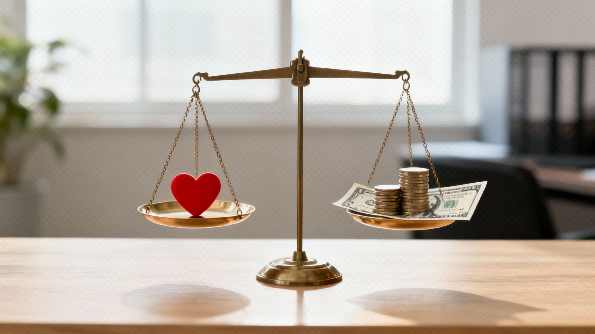 A golden balance scale with a red heart on one side and stacks of coins and a dollar bill on the other.