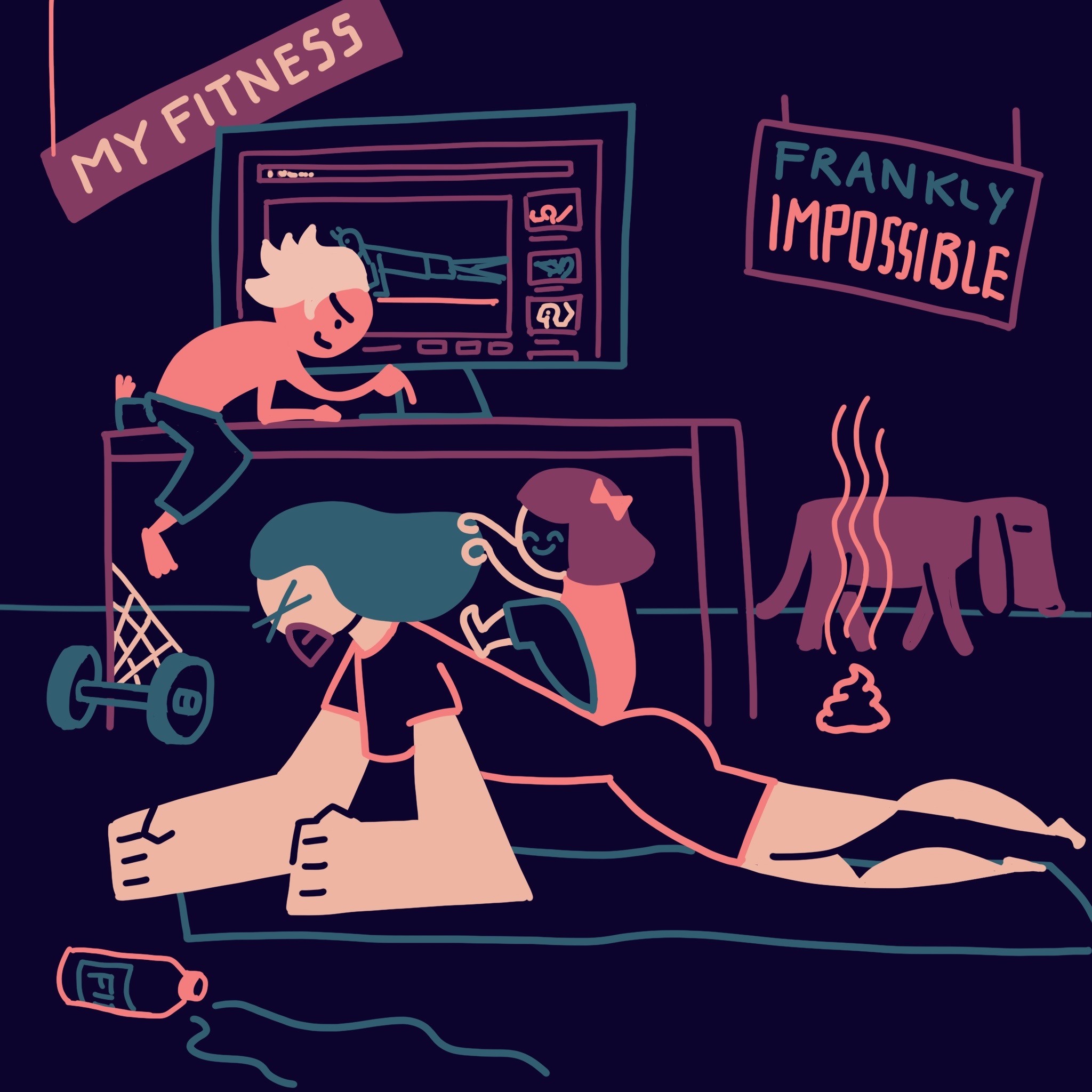 Funny illustration that shows a woman during lockdown, trying to do exercises at home, but her kids won't let her.