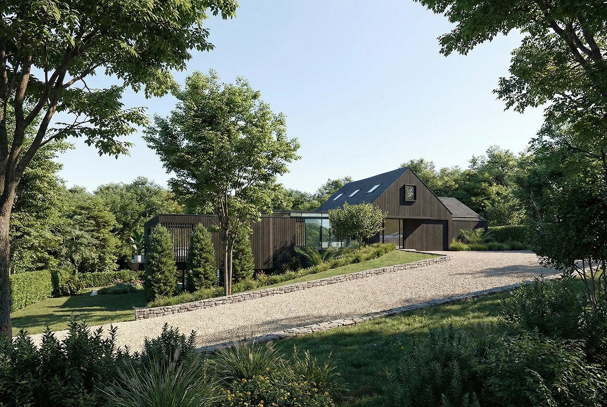 Sunlight streaming through lush green trees, casting shadows on a modern architectural building with glass panels and vertical wooden slats.