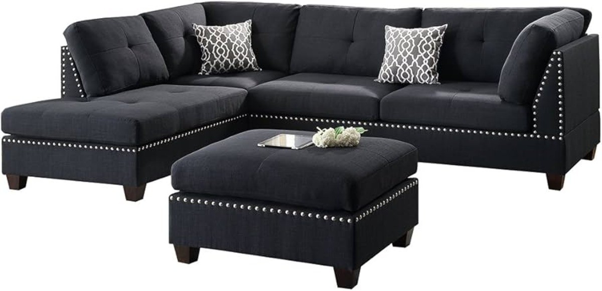 Dark gray Poundex Bobkona Viola sectional set with matching ottoman & silver stud accents