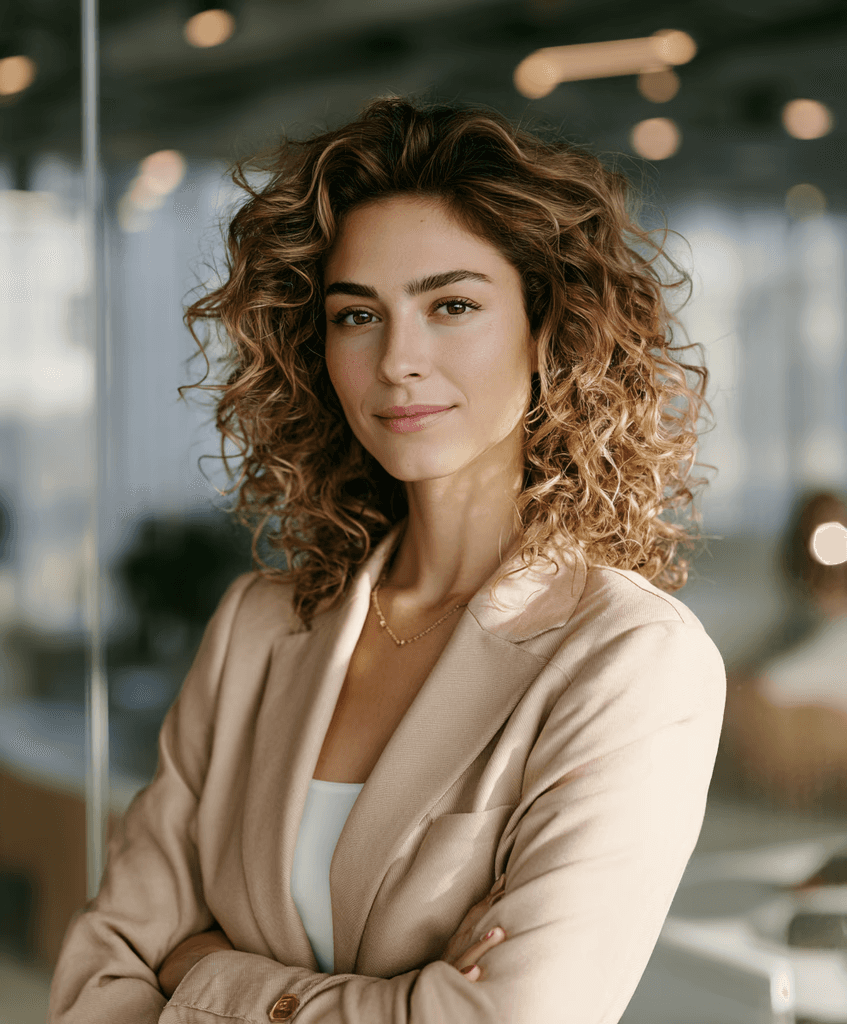 Professional woman with curly hair smiling in a modern office.