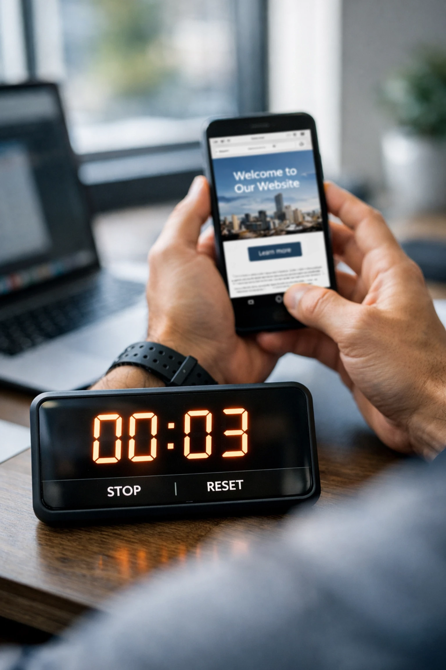 Performing the 3-second website audit test with smartphone and timer showing three seconds