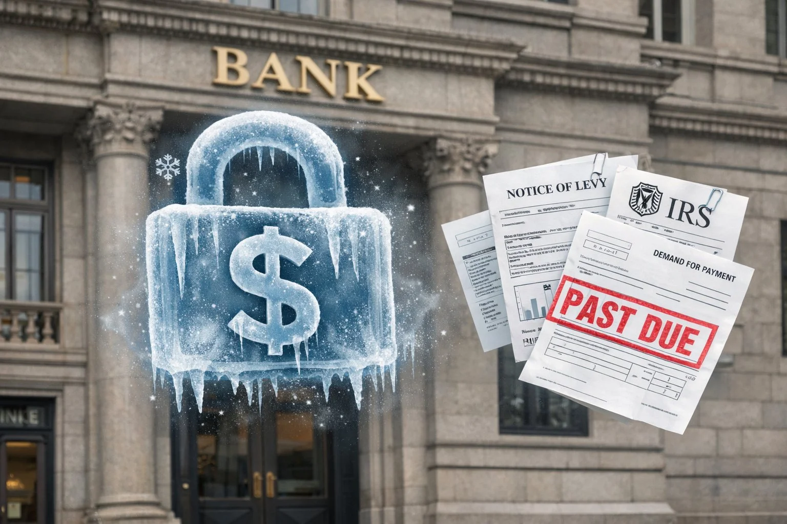 Realistic bank building with a transparent frozen account symbol and official documents floating nearby, representing government or state collection powers.