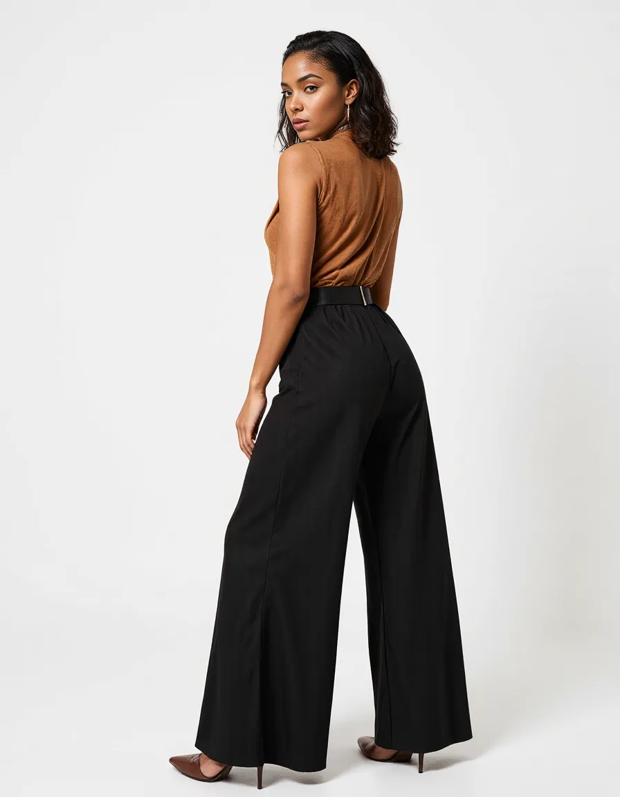 Professional fashion photography of wide-leg black pants styled with a brown sleeveless top and belt, shown from behind against white background