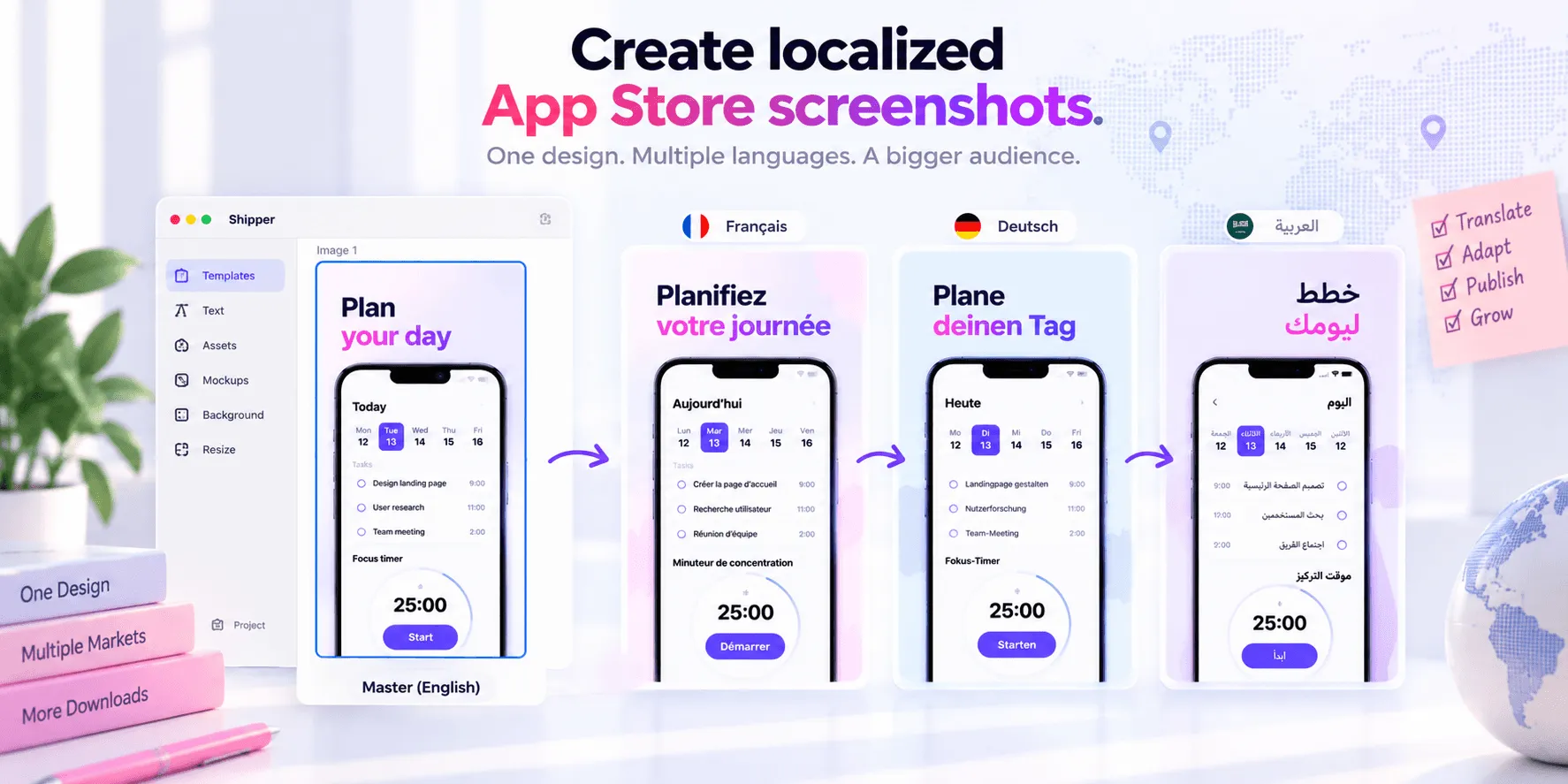 A repeatable workflow for adapting App Store screenshots across languages, markets, and Apple specifications.