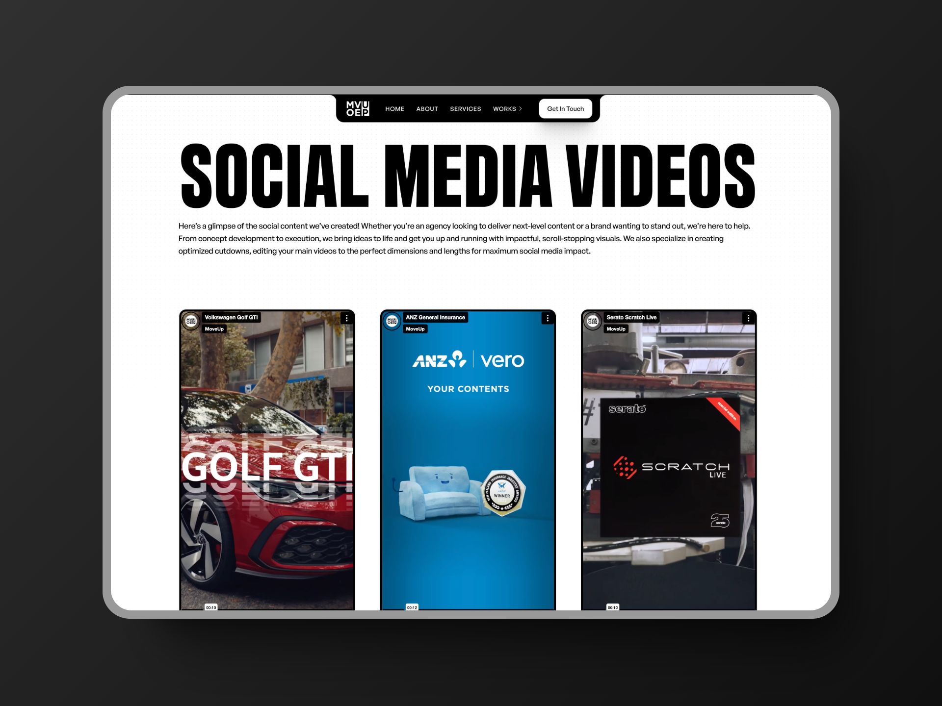 Move Up Studio Social Media Videos page displaying a selection of video thumbnails, including ProWorkflow explainer videos, logo animations and other social media aspects.