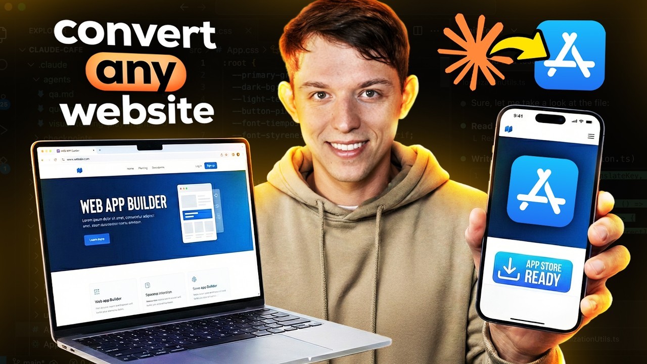 Riley Brown AI-style app conversion thumbnail with laptop, iPhone, and App Store ready badge