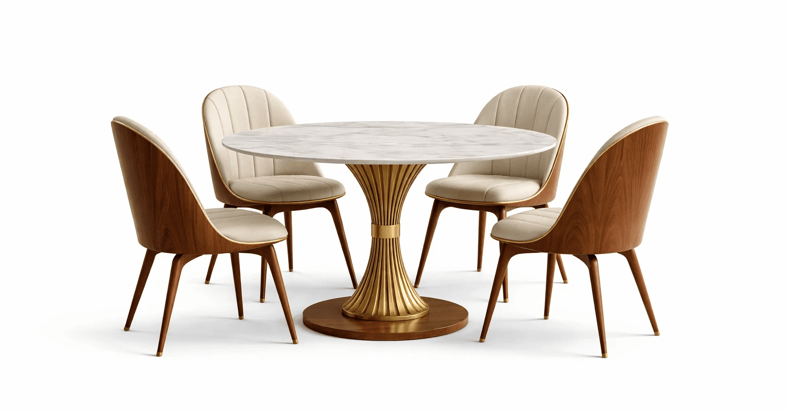 Modern styled round dining table with central pedestal base and upholstered bucket‑style chair