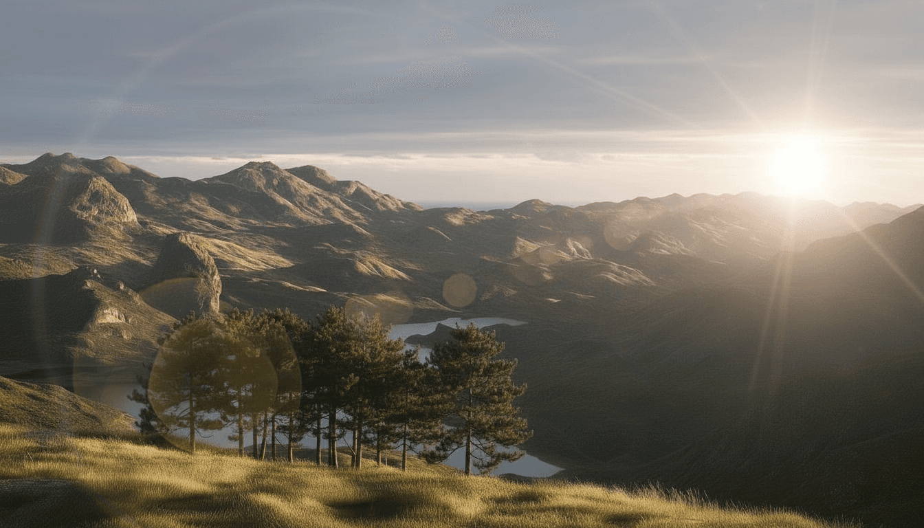 pine-trees-in-front-of-mountain-lake-terrain-wiht-sunflare