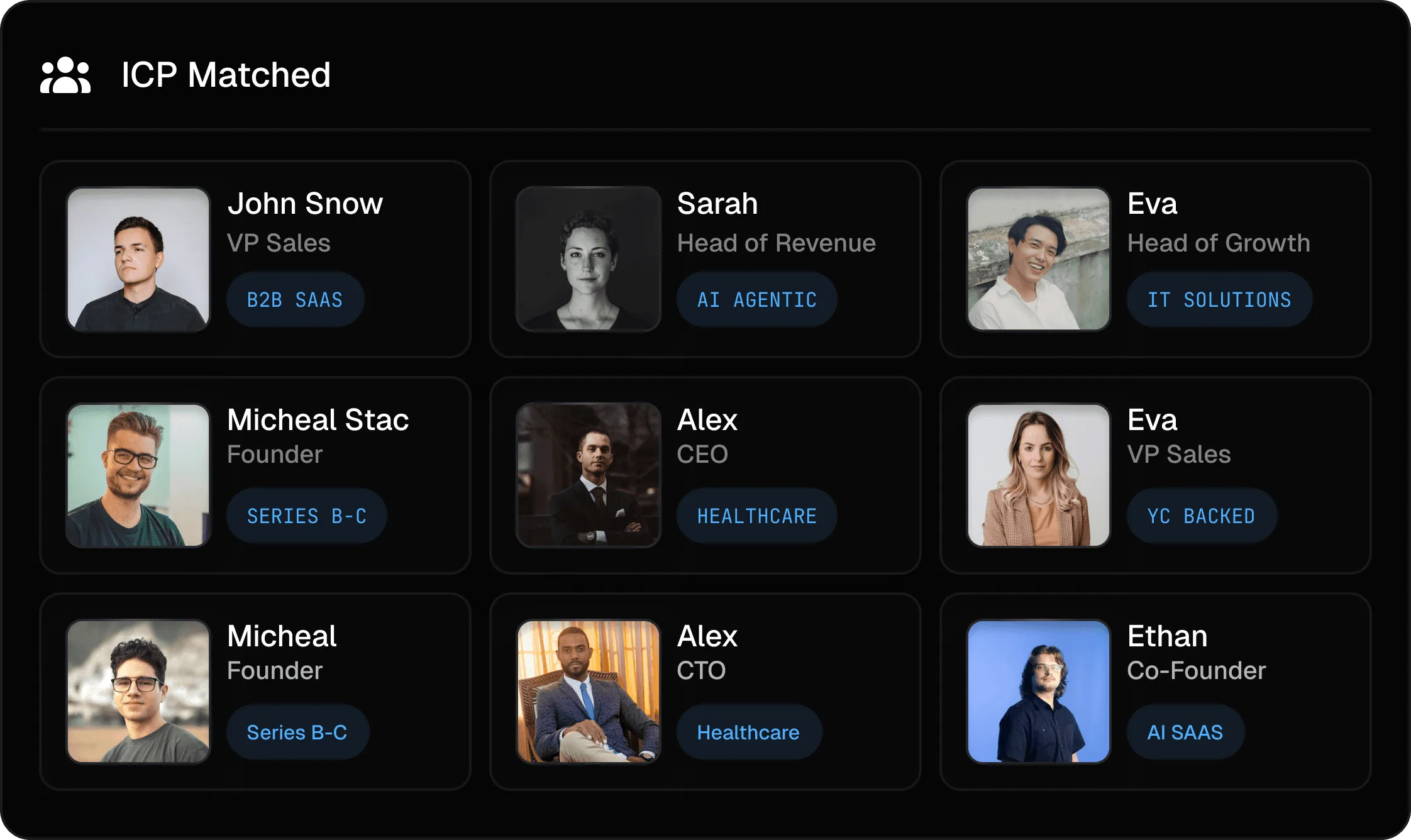 ICP Matched: Profiles of Sales, Revenue, Growth, CEO, and Founder professionals with their company details.