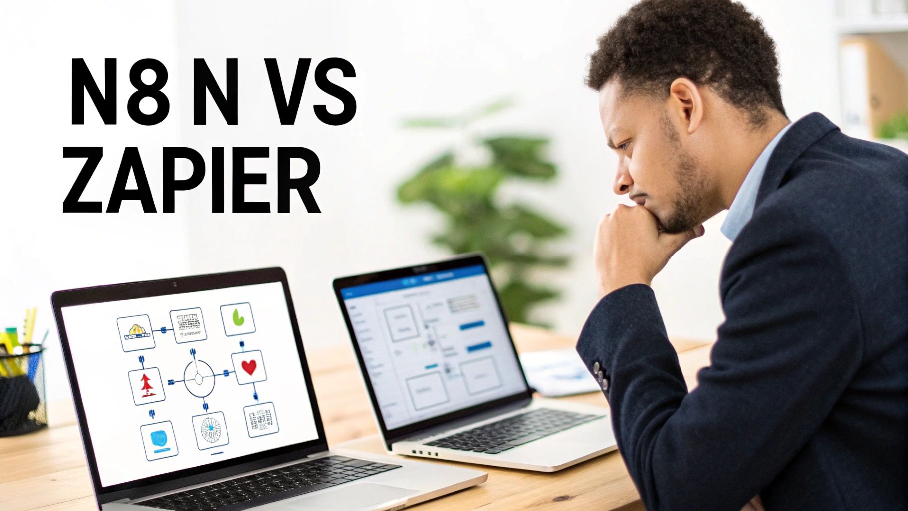 Un homme réfléchit devant deux ordinateurs portables affichant des interfaces d'automatisation de flux de travail. Le titre indique 'N8N vs Zapier'.