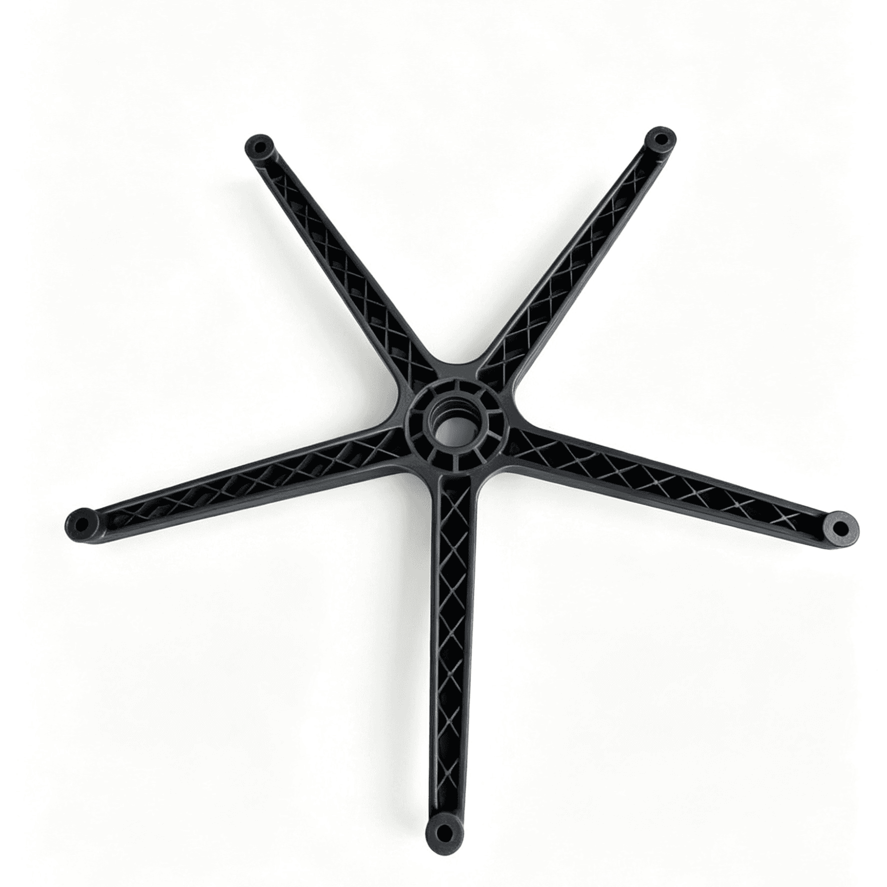 Underside view of a black reinforced nylon 5-star office chair base, showcasing an intricate structural ribbing pattern for high load-bearing capacity on a white background.