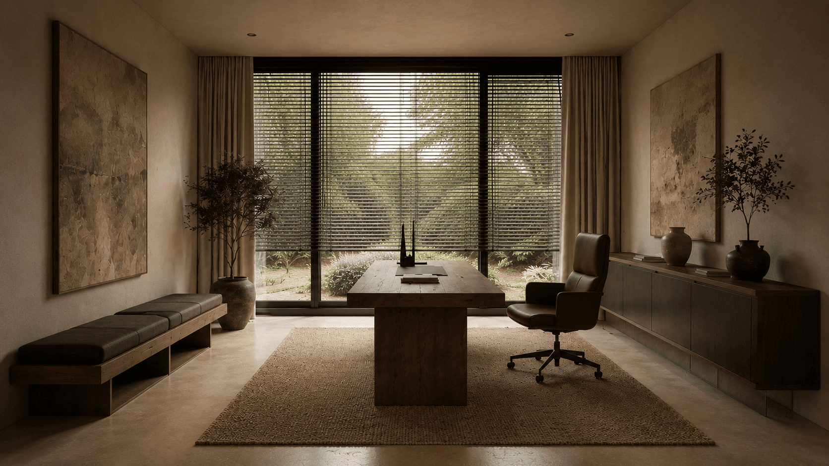 Serene minimalist office with earthy tones