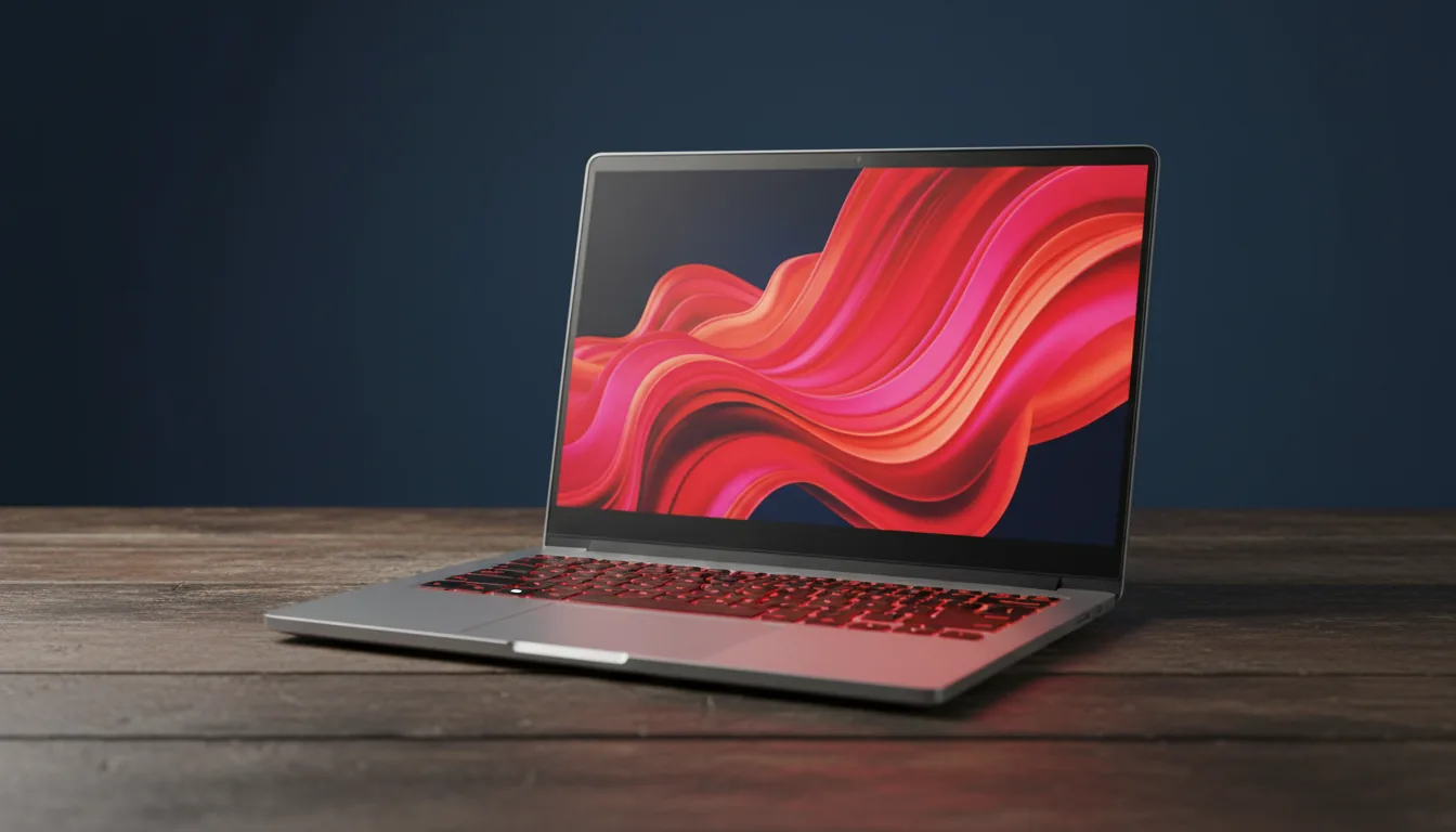 DSLR photography of a modern, high-performance laptop with a silver and black chassis, sitting open on a rustic dark wood desk against a solid navy blue wall. The keyboard features a warm red backlight. The screen is on, displaying a vibrant, abstract wallpaper with flowing red, pink, and orange waves. The scene is illuminated by soft studio lighting, creating a shallow depth of field with a sharp focus on the laptop.