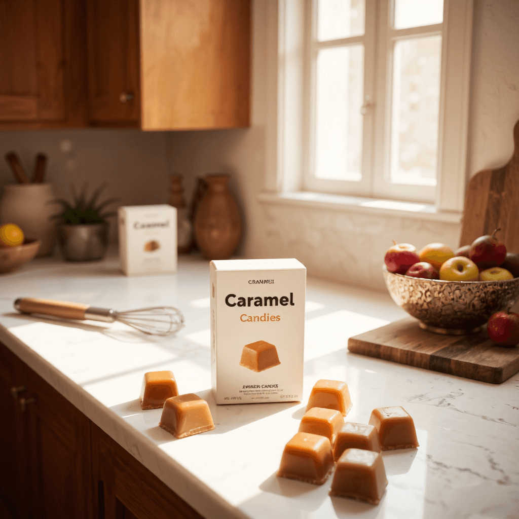 product photography of a box of caramel candies