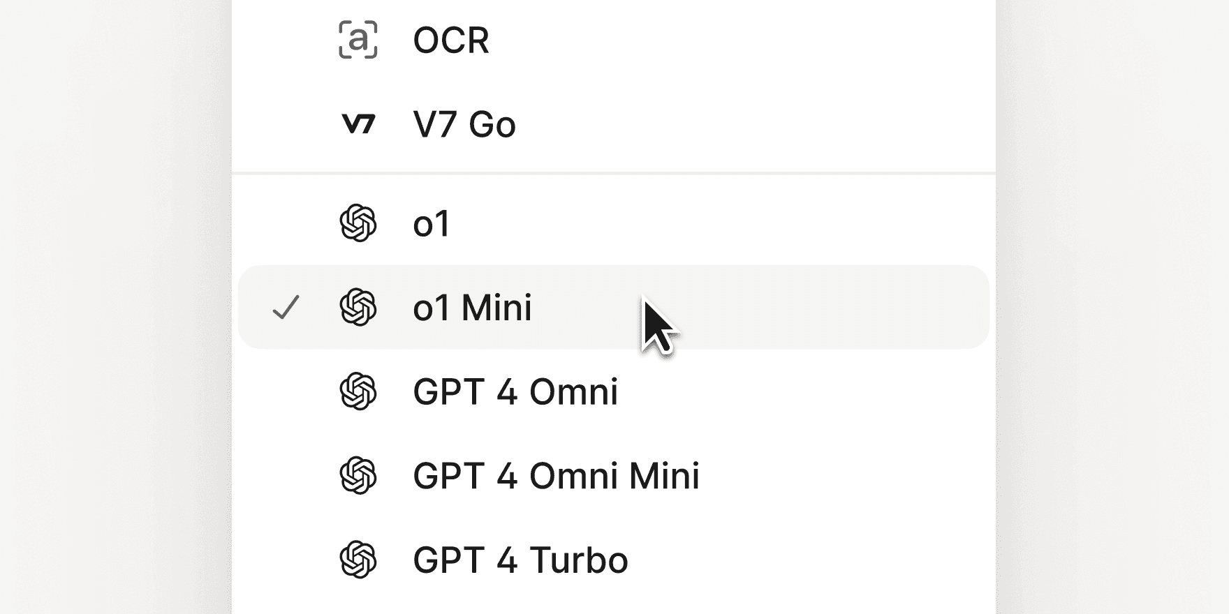 Mouse clicking on "o1 Mini" model in V7 Go