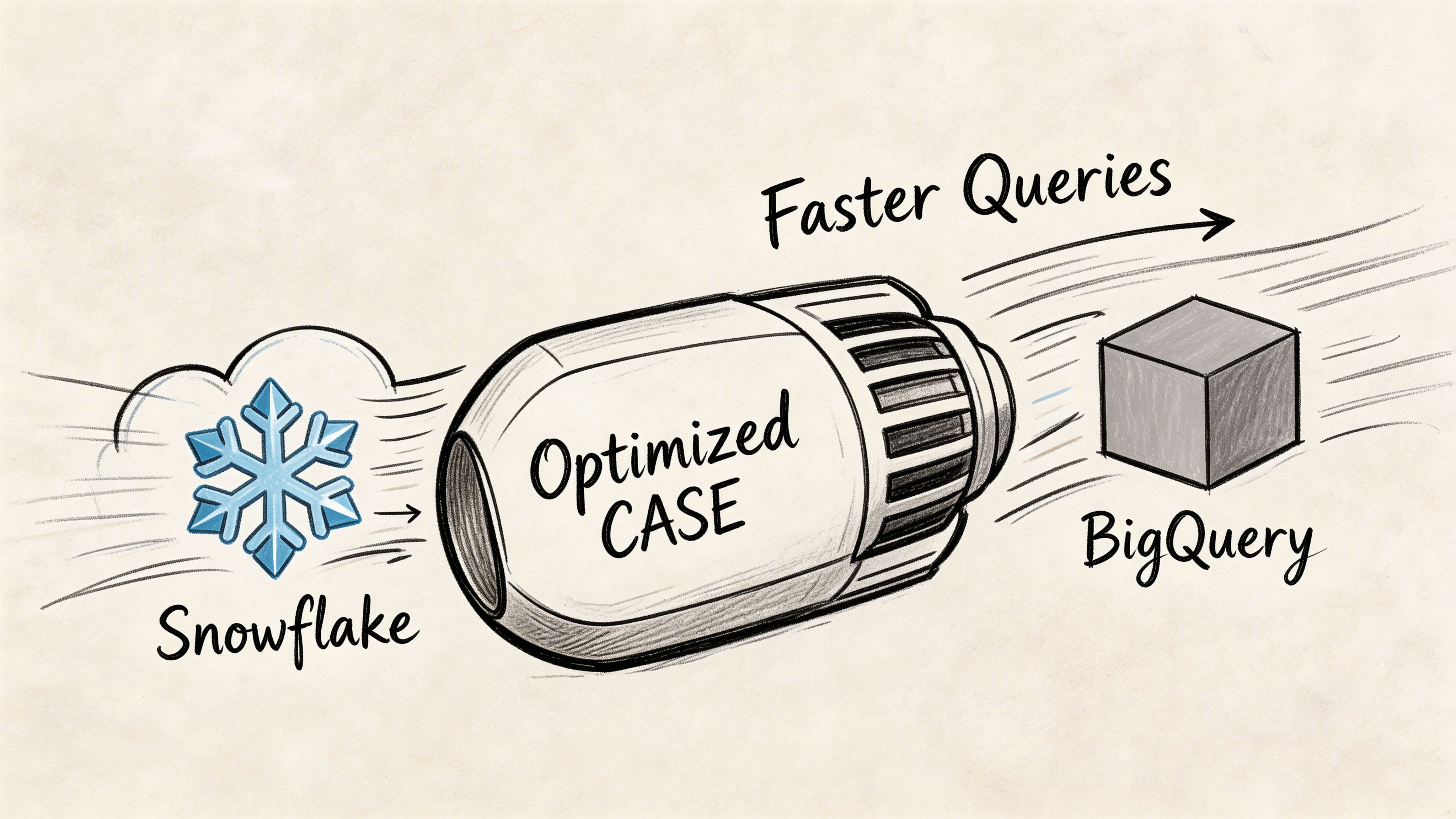 A hand-drawn illustration showing a Snowflake logo transitioning through an optimized CASE statement towards a BigQuery cube.