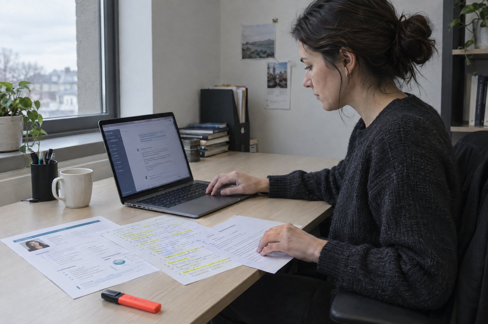 A marketing manager types a brief into an AI chat on her laptop while reading from a printed customer profile, highlighted sales call notes and a draft email