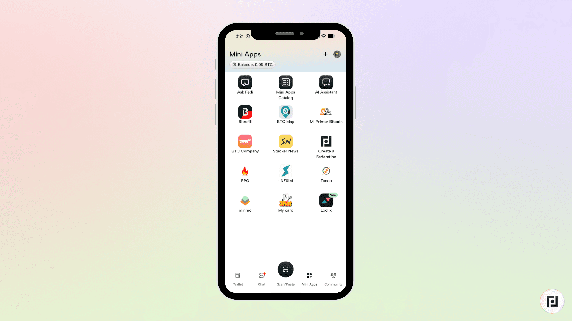 Fedi Mini Apps home screen displaying Exolix icon alongside other apps including Bitrefill, BTC Map, PPQ, LNESIM, and Minmo