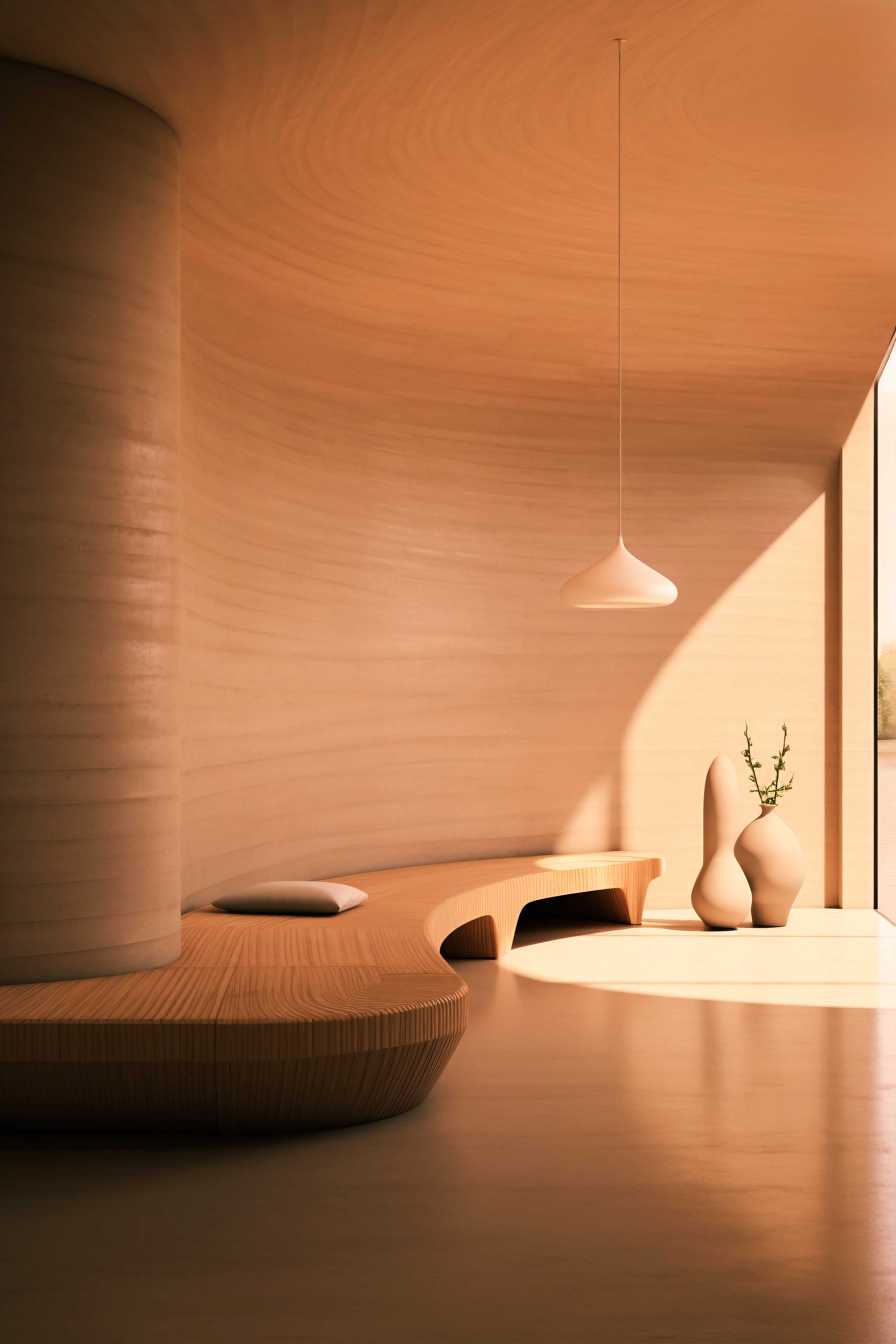 Rammed-earth space with curved walls, wooden seating, and soft daylight from a tall window.