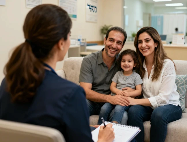 צילום של זוג הורים וילדם הקטן יושבים יחד על ספה במהלך פגישת ייעוץ בקליניקה. המשפחה מחייכת ונראית רגועה ונינוחה בזמן שהם מקשיבים לאשת מקצוע (יועצת או מטפלת) שיושבת מולם עם גבה למצלמה ואוחזת במחברת ועט. הרקע נקי ומקצועי עם רמיזה לשלטים בעברית, המשרה אווירה של תמיכה משפחתית וביטחון בתהליך הטיפולי.