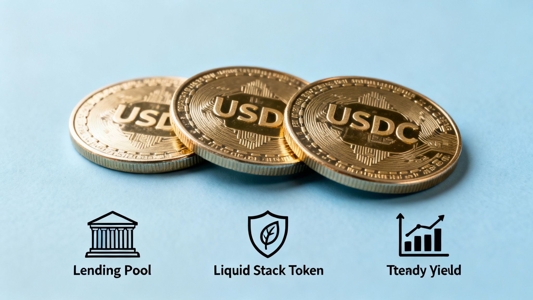 Golden USDC and USD crypto coins on a blue background, accompanied by icons representing lending, liquid tokens, and yield.