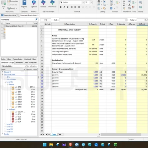 Screenshot of detailed measurement excercise in CostX Workbook for structural steel takeoff by SubsQS Ltd