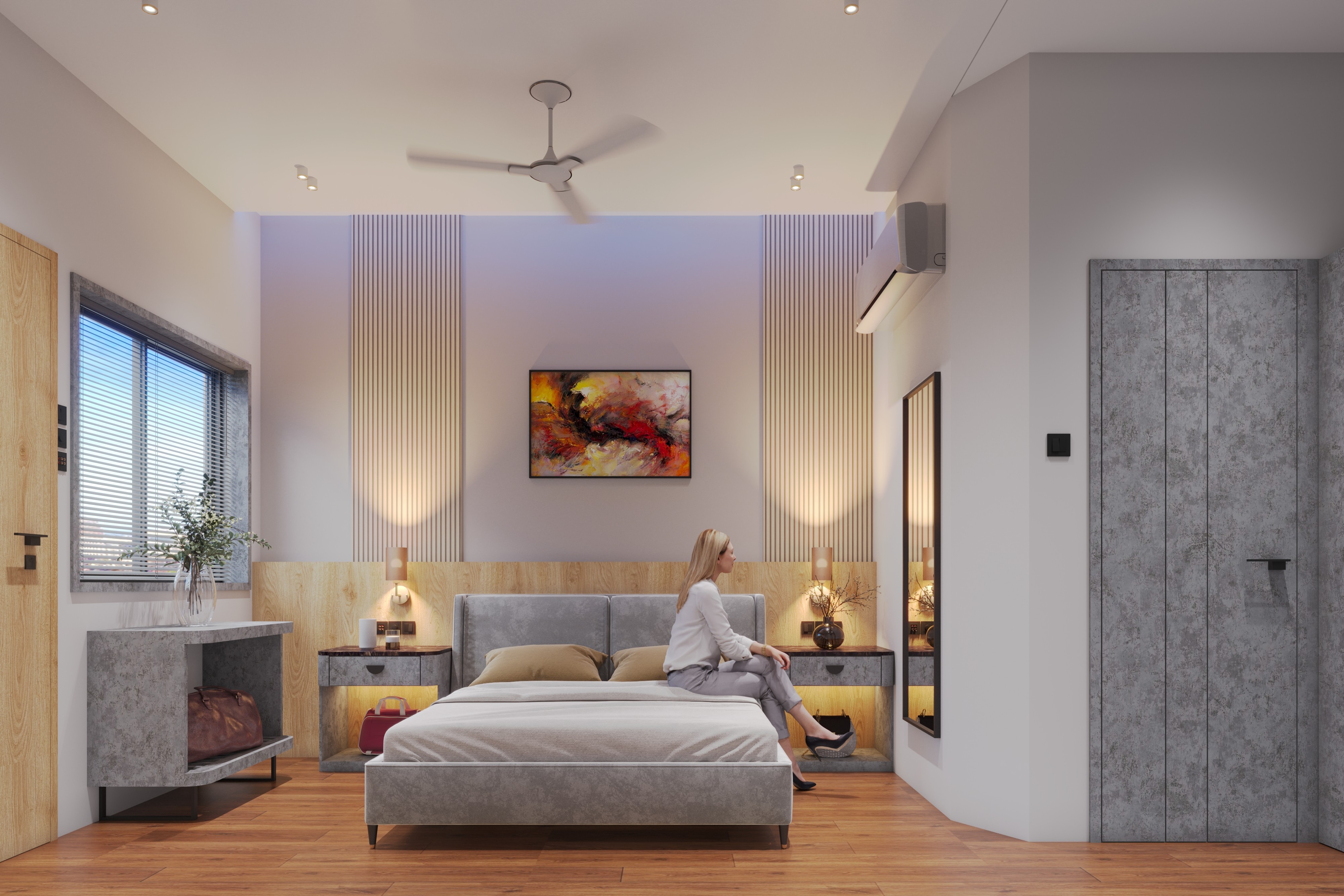 Hotel room design in Jammu and Kashmir with an upholstered bed, warm bedside lighting and vertical wall panels
