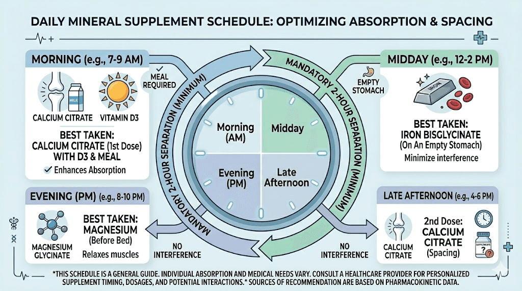 Daily mineral supplement timing schedule for GLP-1 users showing optimal absorption windows