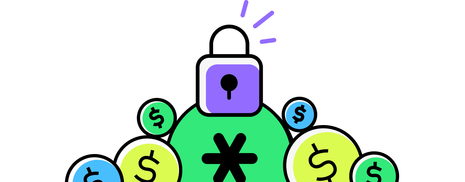 An illustration featuring a purple lock atop a green circle with an asterisk and surrounded by colorful dollar symbols, representing cloud cost optimization.