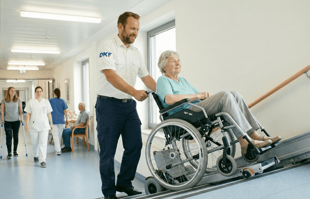 Krankenfahrer hilft älterer Frau mit Scalamobil die Treppen rauf (Ki)