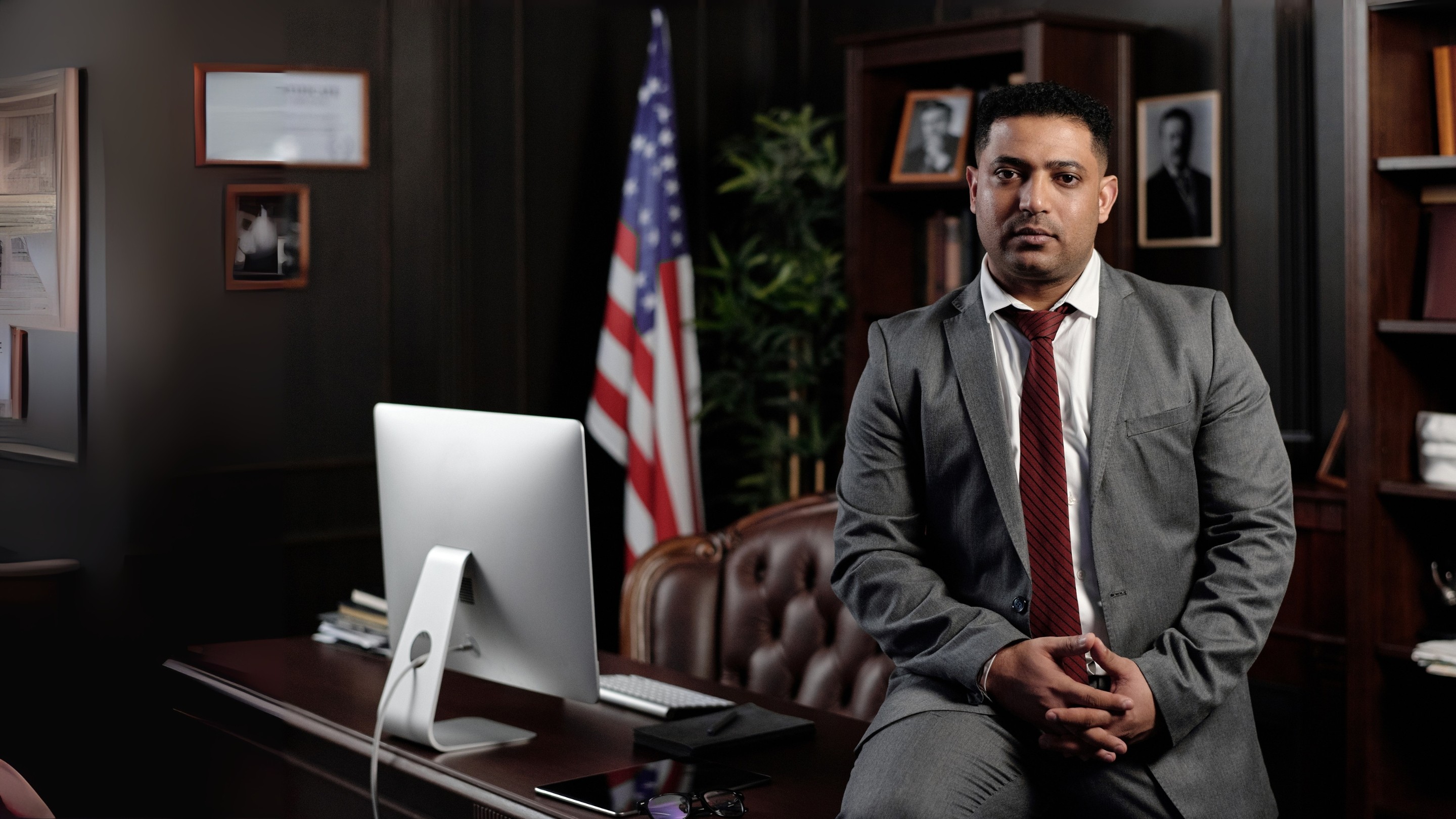 Lawyer is sitting on his desk