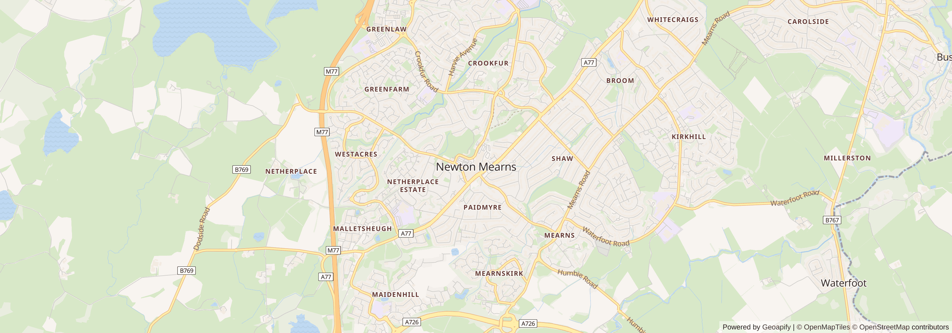 Street map of Newton Mearns, East Renfrewshire showing main roads and nearby areas