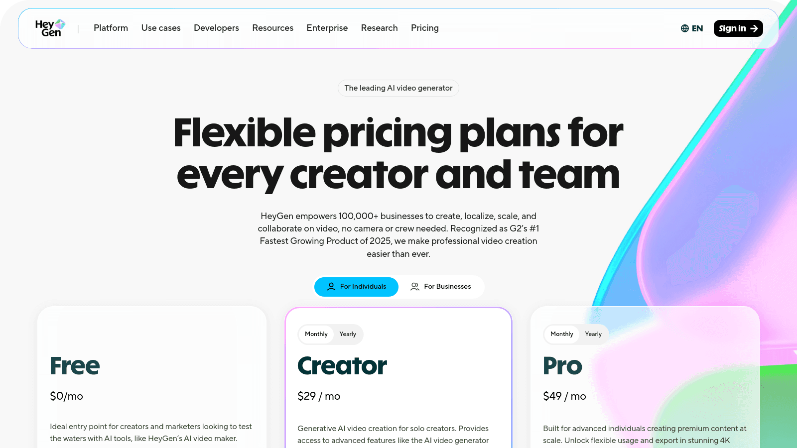 HeyGen pricing page showing various subscription plans for individuals and businesses with monthly and yearly options.