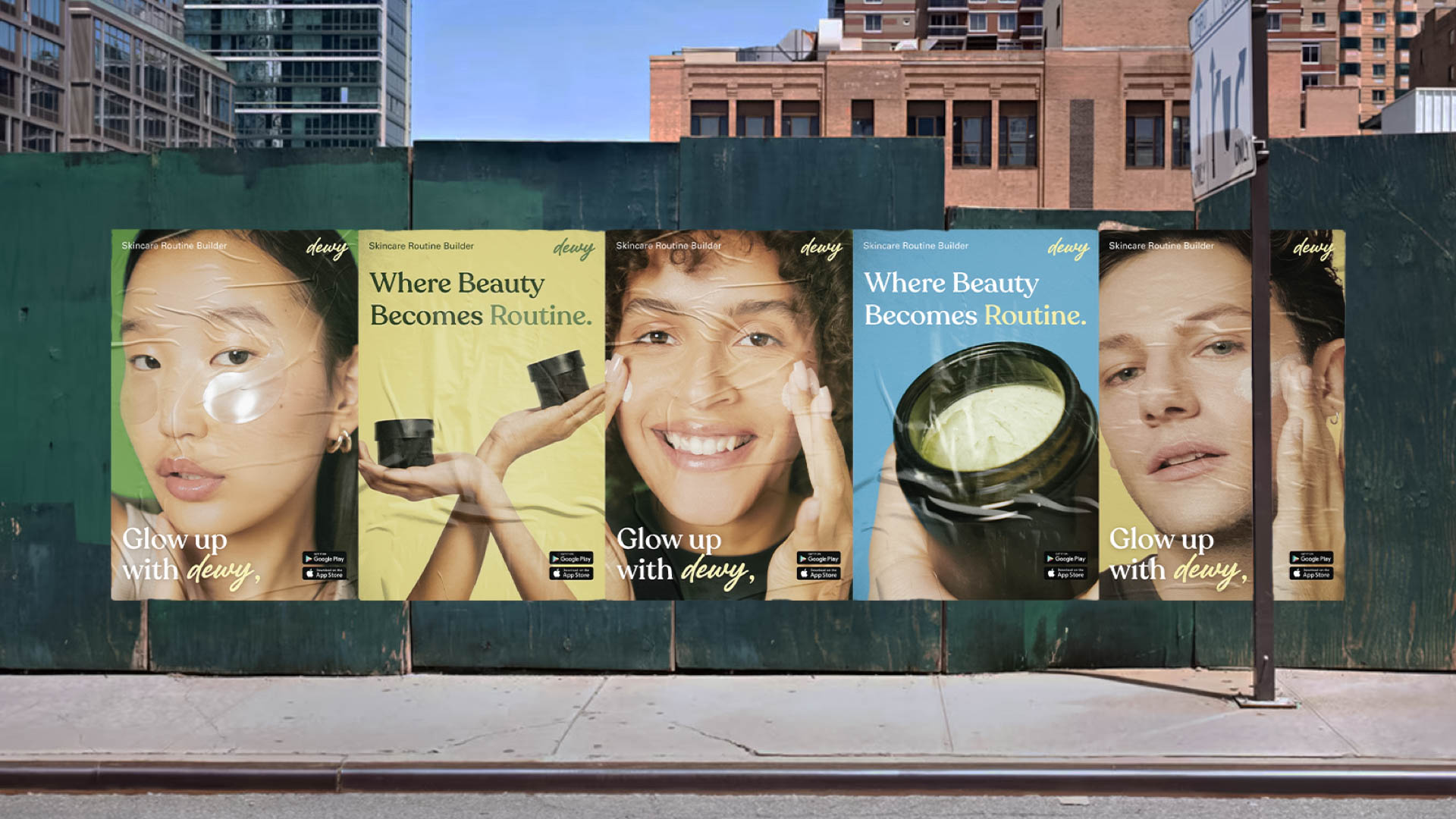 A smartphone displays the interface of the Dewy skincare app, featuring a circular profile picture with a stylized "d" logo, showing 45 posts and 1,024 followers. The app includes links to "dewyskin.com" and various skincare routine options, with a clean white background and navigation buttons at the bottom.