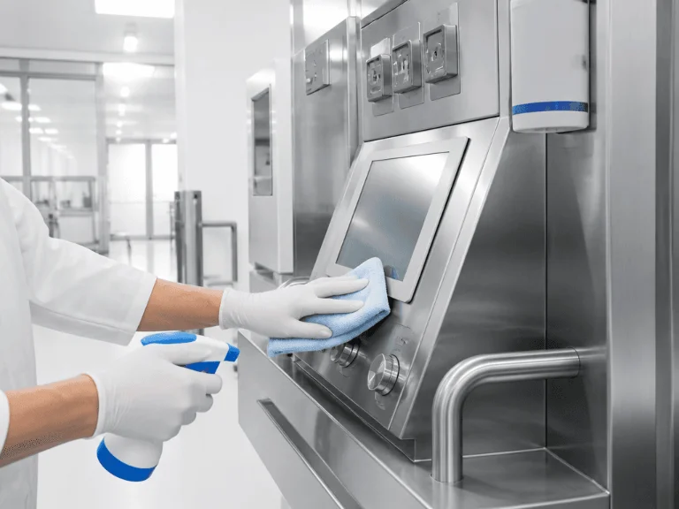 Eine Person in weißer Laborkleidung und weißen Schutzhandschuhen reinigt mit einer blauen Sprühflasche und einem blauen Tuch die Bedienoberfläche und den Touchscreen einer Edelstahl-Maschine in einem Reinraum.