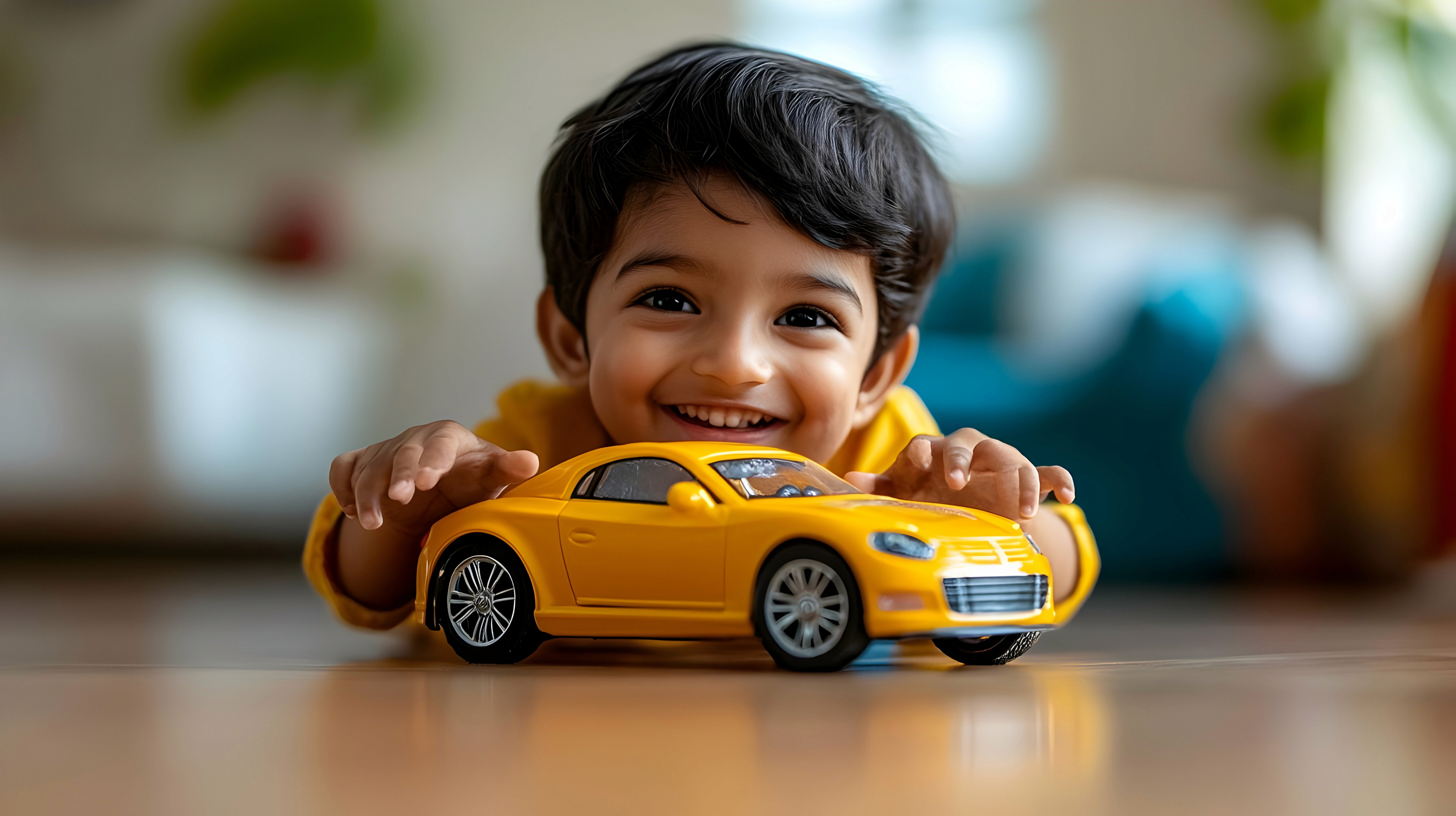 Boy playing with a yellow car