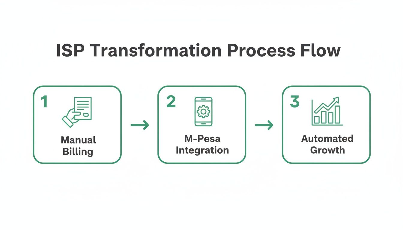 Flowchart illustrating ISP transformation from manual billing to automated growth via M-Pesa integration.