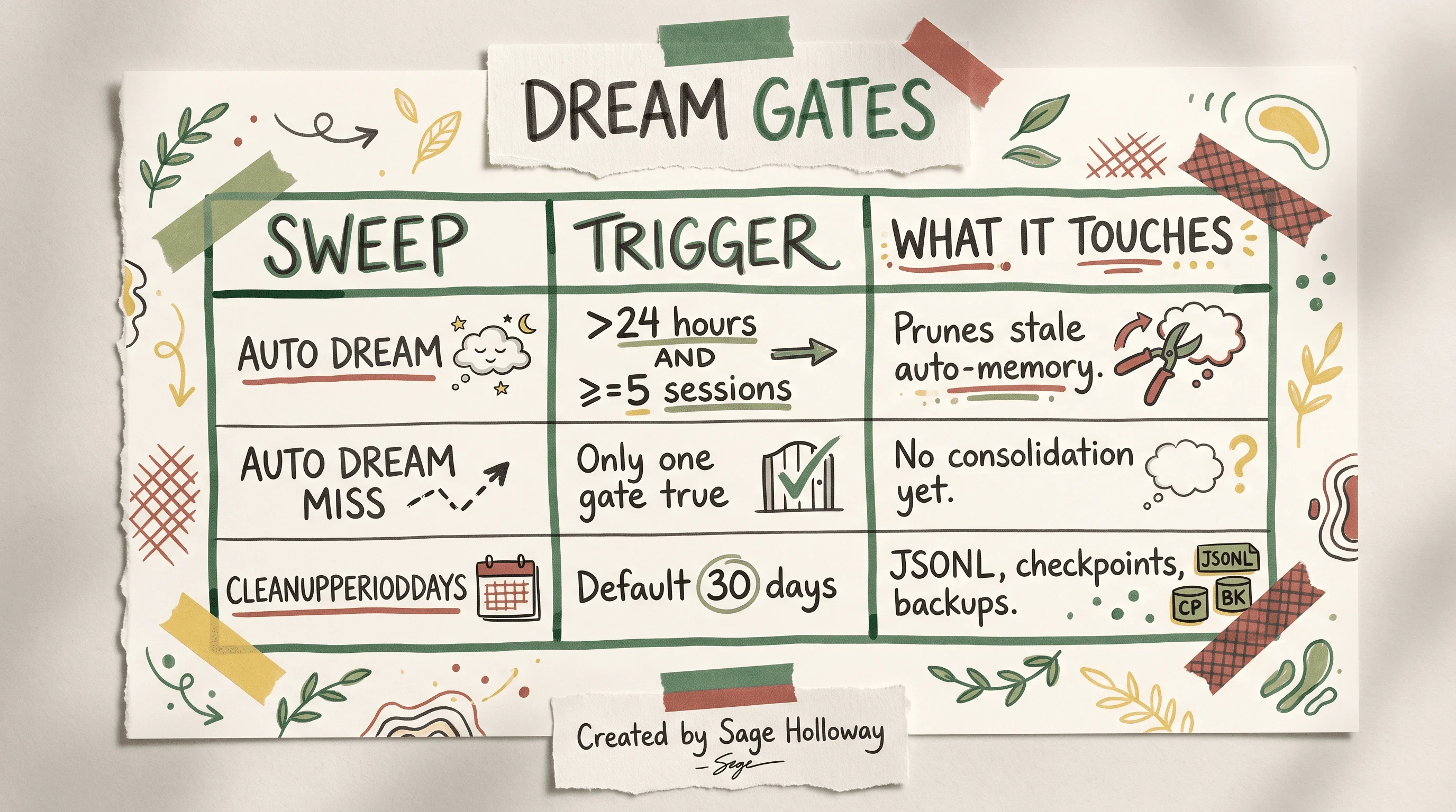 Table of Claude Code Auto Dream gates (24 hours AND 5 sessions) beside cleanupPeriodDays 30-day session file retention