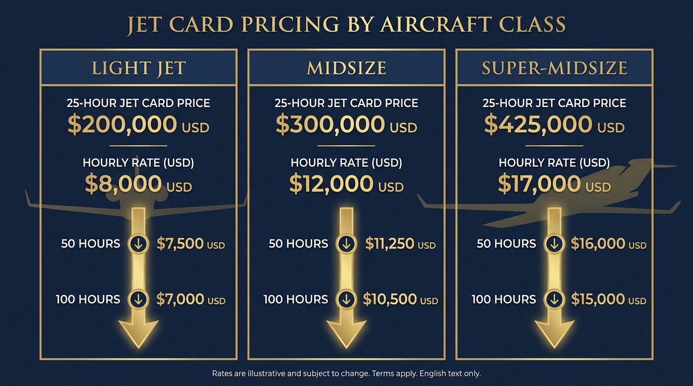 Private jet card pricing — 25-hour light jet midsize super-midsize hourly rate, lower rate at 50 and 100 prepaid hours