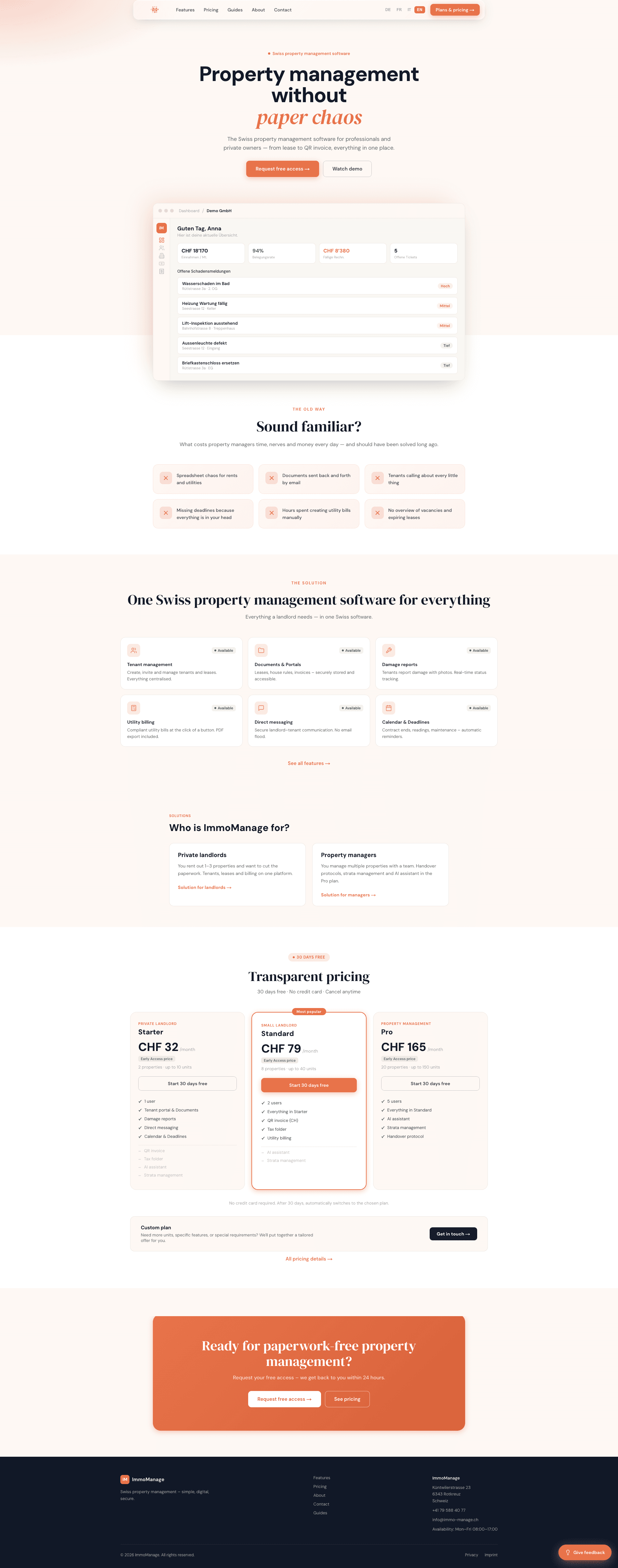 Property management website concept with a light layout and coral calls to action