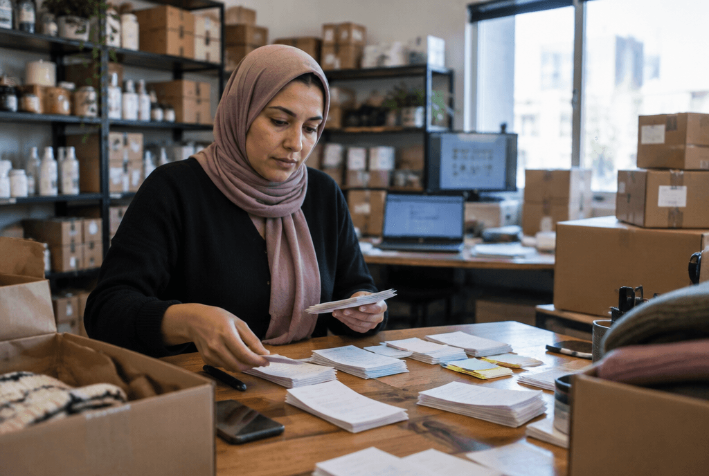 E-commerce owner sorting customer order slips into groups on a workbench