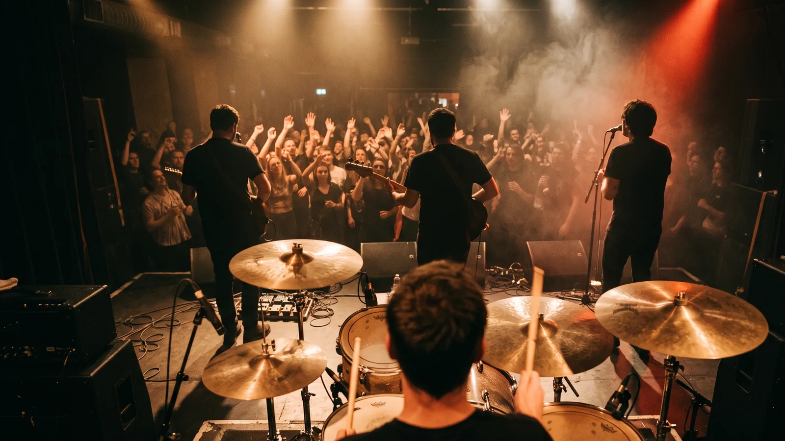 The band and a packed crowd seen from behind the drum kit