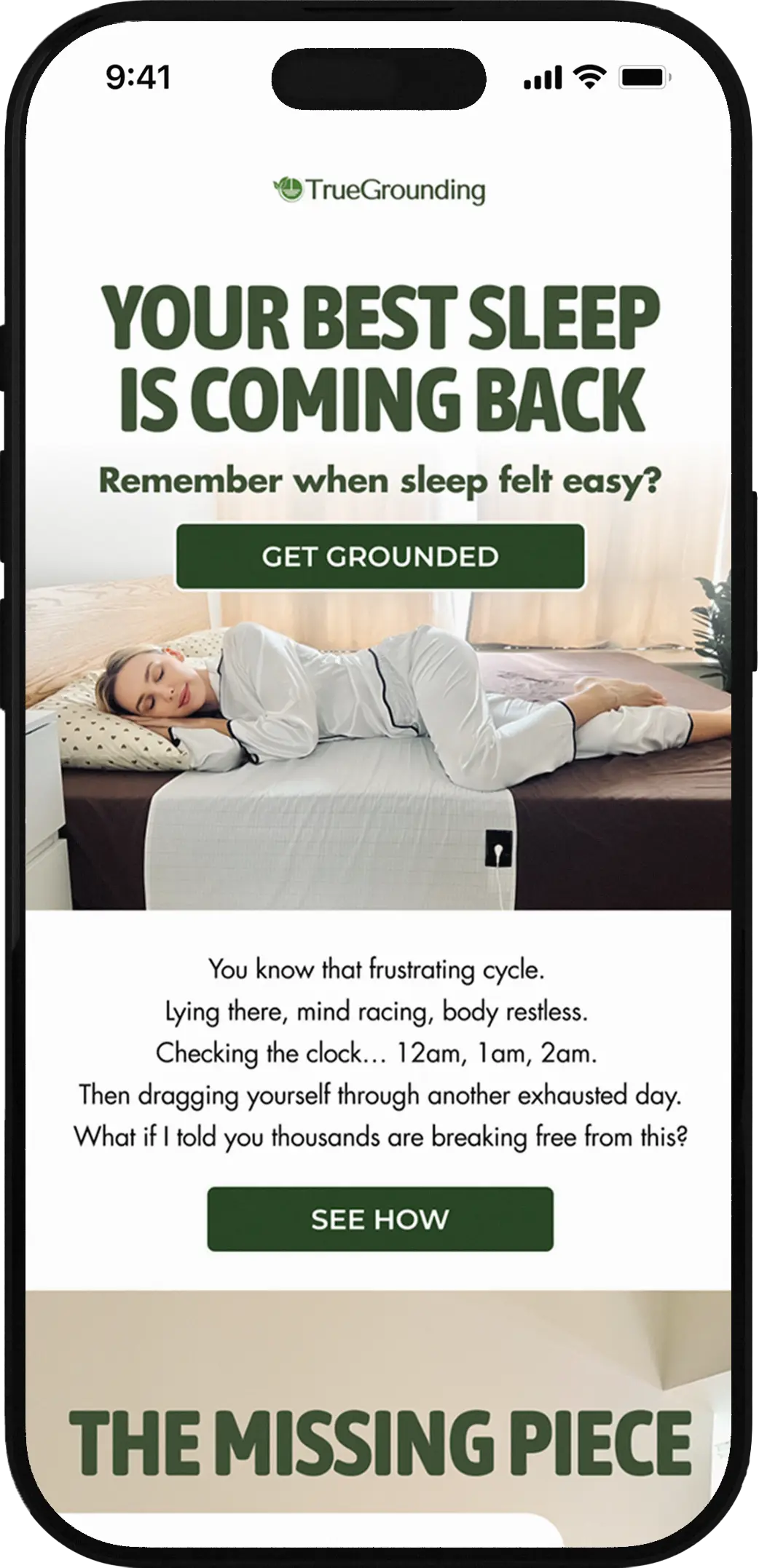 Woman sleeping comfortably on a bed shown in a TrueGrounding email marketing mockup.