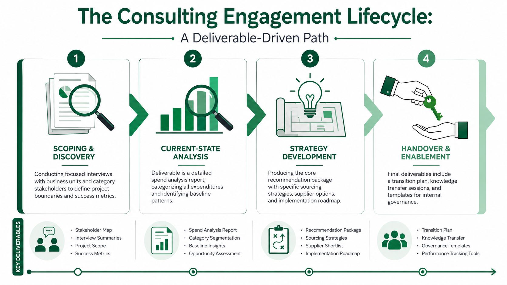 A four-step infographic illustrating the consulting engagement lifecycle from initial scoping to final project handover and enablement.