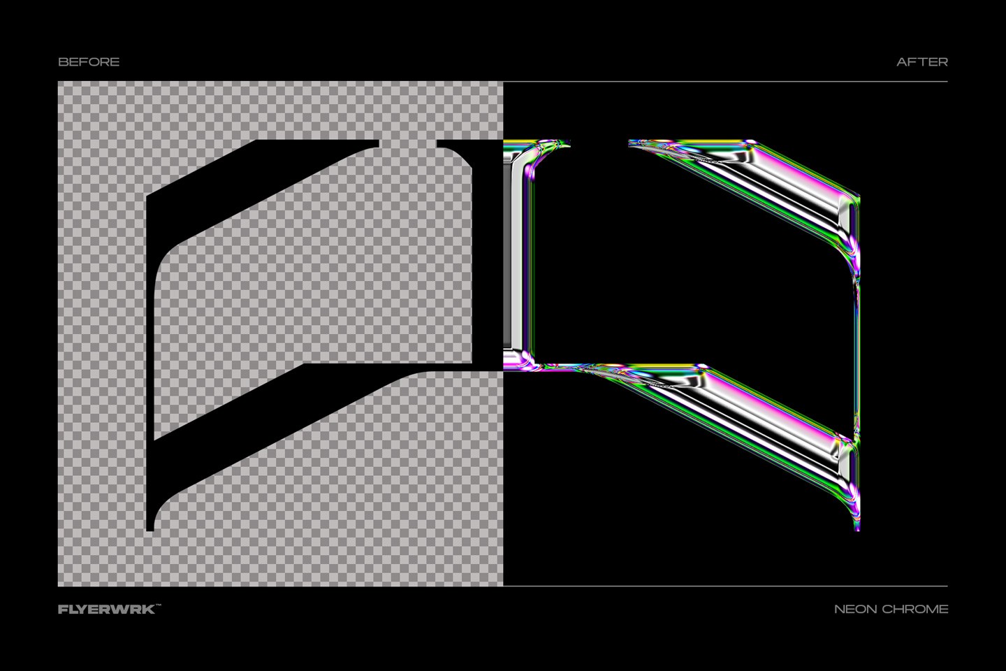 Neon chrome text effect before and after transformation of logo design